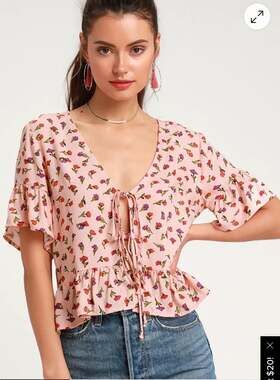 Lulus Breah Blush Pink Floral Print Tie-Front Peplum Top Size XS